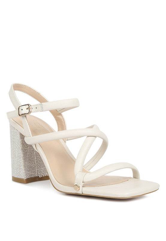 Babe Beachwear nude block heel summer sandals with strappy design and adjustable ankle buckle