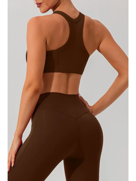 Babe Beachwear women's racerback active tank in brown shown from back on model