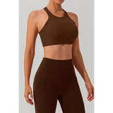 Babe Beachwear women's racerback active tank in brown modeled with matching high-waisted leggings