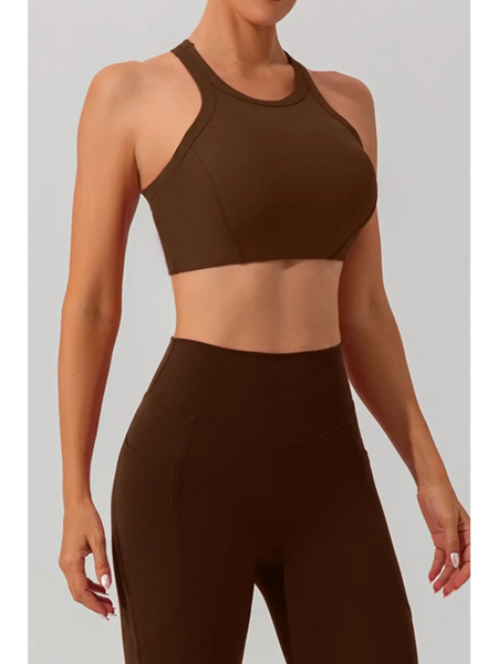 Babe Beachwear women's racerback active tank in brown modeled with matching high-waisted leggings