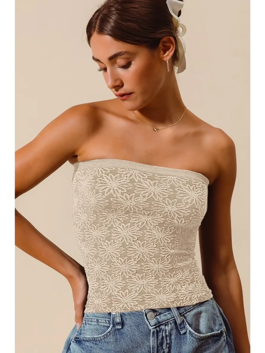 Babe Beachwear women's two tone tube top with floral lace design worn with denim jeans