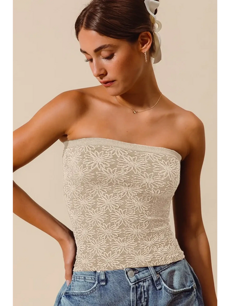Babe Beachwear women's two tone tube top with floral lace design worn with denim jeans