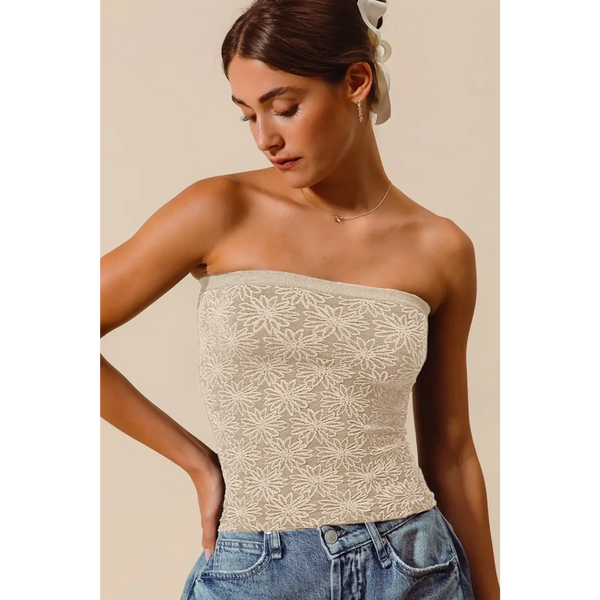 Babe Beachwear women's two tone tube top with floral lace design worn with denim jeans