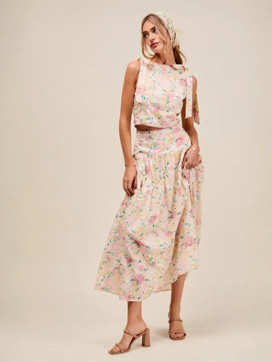 Trendsi floral print skirt set with sleeveless top and midi skirt, breathable vacation outfit for women
