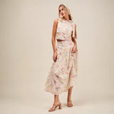 Trendsi floral print skirt set with sleeveless top and midi skirt, breathable vacation outfit for women
