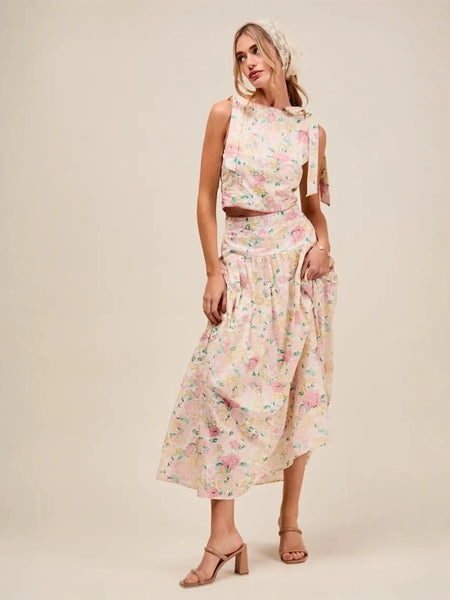 Trendsi floral print skirt set with sleeveless top and midi skirt, breathable vacation outfit for women