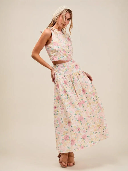 Trendsi floral breathable vacation outfit for women skirt set with sleeveless crop top and long skirt