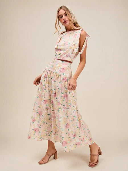 Trendsi floral skirt set in light fabric featuring a breathable vacation outfit for women with a sleeveless top and midi skirt