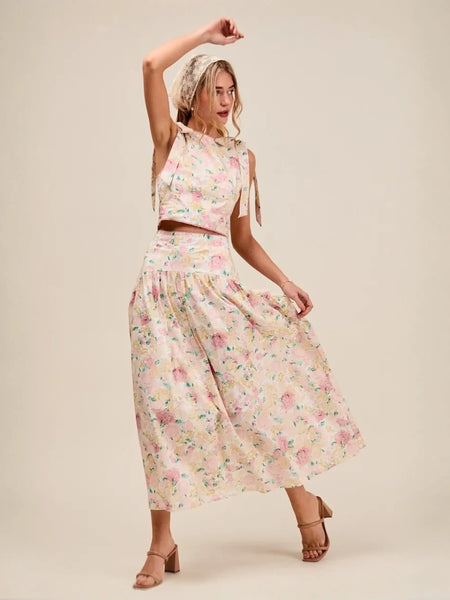 Trendsi floral skirt set featuring a sleeveless top and flowy midi skirt breathable vacation outfit for women