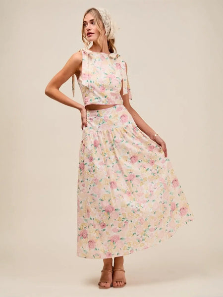 Trendsi floral skirt set in soft pastel colors breathable vacation outfit for women with sleeveless top and long flowy skirt