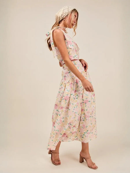 Trendsi floral skirt set in light fabric breathable vacation outfit for women with sleeveless top and midi skirt