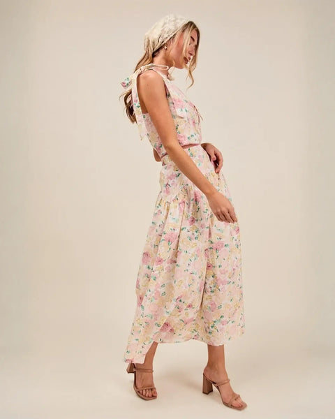 Trendsi floral skirt set in light fabric breathable vacation outfit for women with sleeveless top and midi skirt