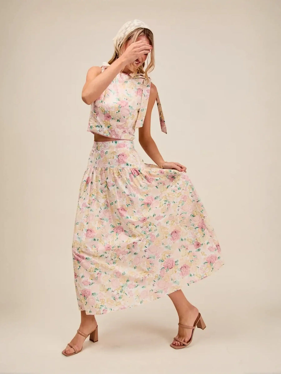 Trendsi floral skirt set with sleeveless top and midi skirt breathable vacation outfit for women