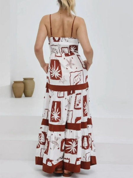 Trendsi maxi dress with brown and white tropical print shown from back view