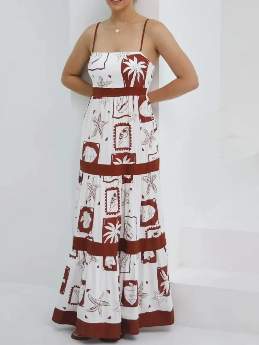 Trendsi maxi dress with brown and white tropical print, sleeveless summer style