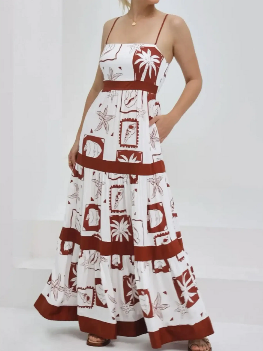 white maxi dress with brown tropical prints and spaghetti straps women’s summer dress