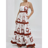 white maxi dress with brown tropical prints and spaghetti straps women’s summer dress
