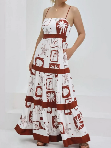 white maxi dress with brown tropical prints and spaghetti straps women’s summer dress