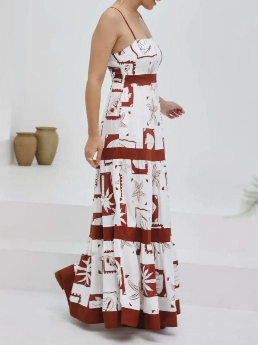 maxi dress in brown and white with floral patterns, styled as a blue and white beach dress alternative