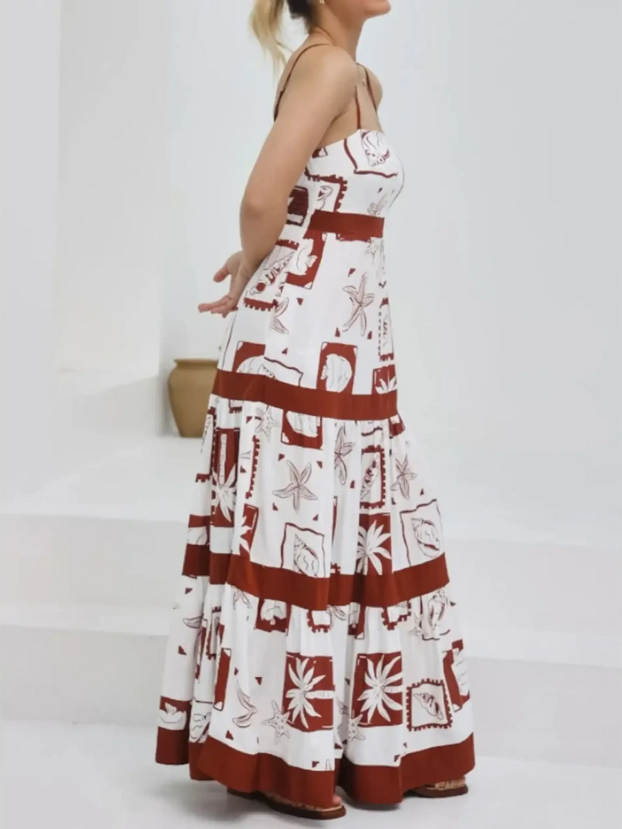 maxi dress in white with brown patterns, sleeveless and floor-length for casual wear
