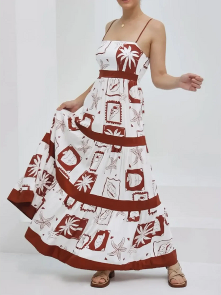 Trendsi maxi dress with tropical print in white and brown featuring a flowy design