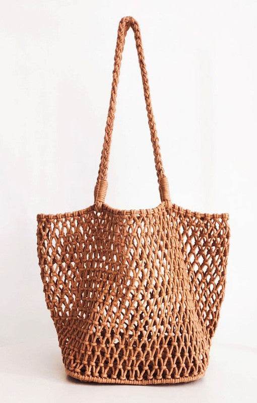 Miss Sparkling brown braided net beach tote with long handles for casual beach outings
