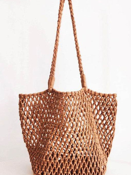 Miss Sparkling brown braided net beach tote with long handles for casual beach outings