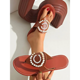 Babe Beachwear brown pearl embellished sandals with circular pearl design on leather straps