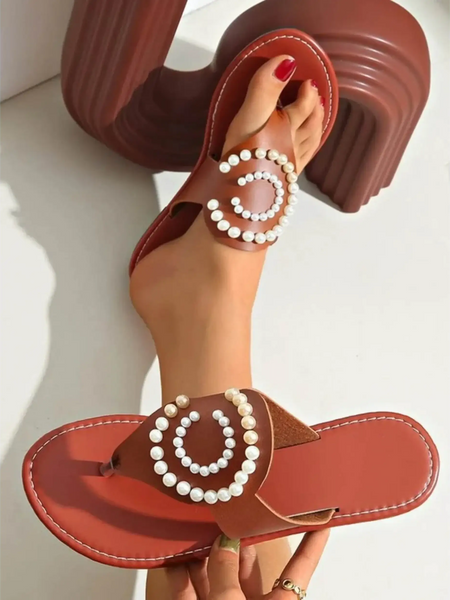 Babe Beachwear brown pearl embellished sandals with circular pearl design on leather straps
