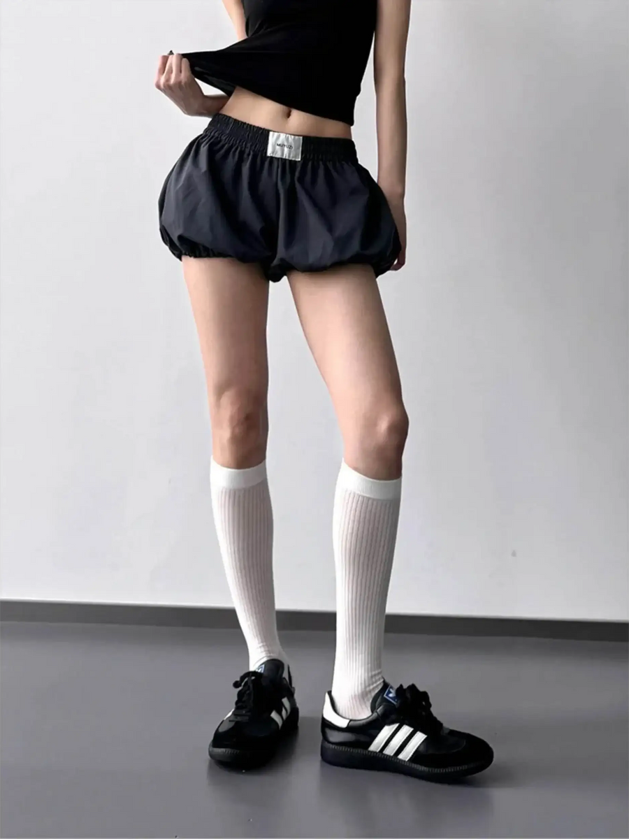 Babe Beachwaer casual Bubble Shorts-Summer 2025 in black with elastic waistband styled with white knee-high socks and black sneakers