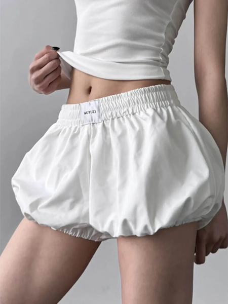 White Babe Beachwear casual bubble shorts with elastic waistband Bubble Shorts-Summer 2025
