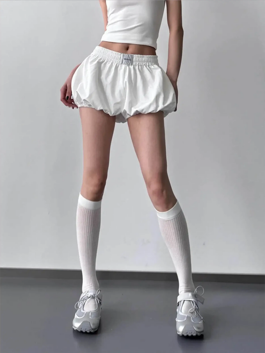 Babe Beachwaer casual white bubble shorts with elastic waist and gathered hem Bubble Shorts-Summer 2025