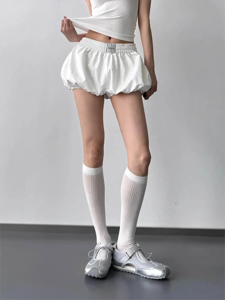 Babe Beachwear casual white Bubble Shorts-Summer 2025 with elastic waistband styled with white knee-high socks and silver shoes