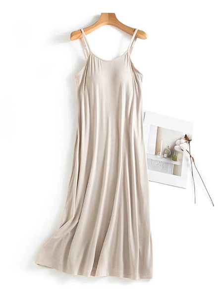 Trendsi Beige Built-In Bra Shelf Midi Dress with Spaghetti Straps and Flowing Fabric