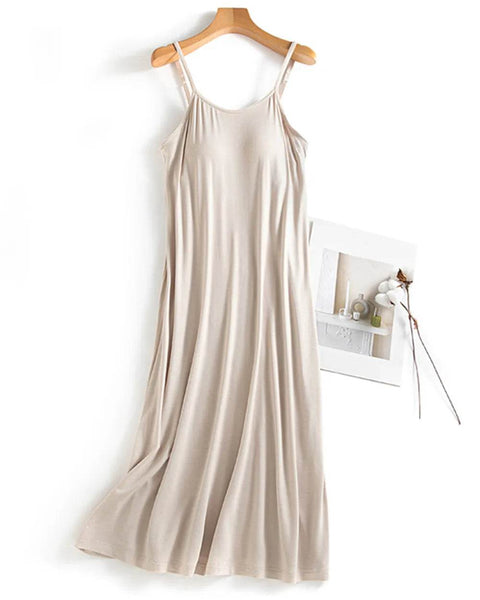 Trendsi Beige Built-In Bra Shelf Midi Dress with Spaghetti Straps and Flowing Fabric