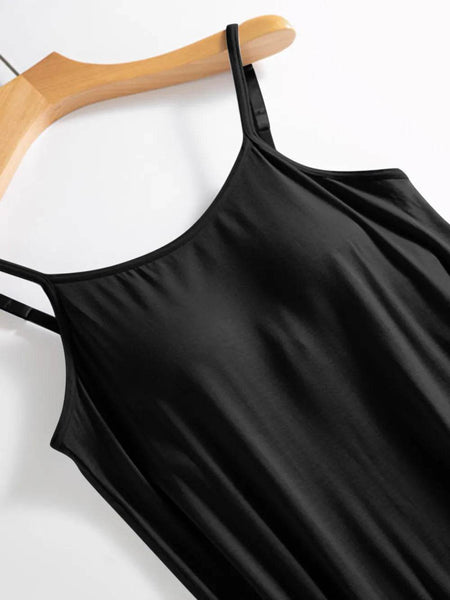 Trendsi black midi dress with thin straps featuring built-in bra shelf midi dress design