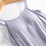 Light purple Trendsi Built-In Bra Shelf Midi Dress with thin adjustable straps on wooden hanger
