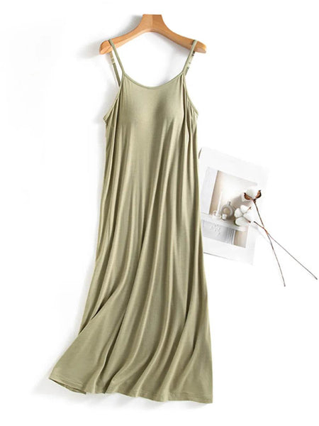 Trendsi Built-In Bra Shelf Midi Dress in light olive with adjustable spaghetti straps on wooden hanger