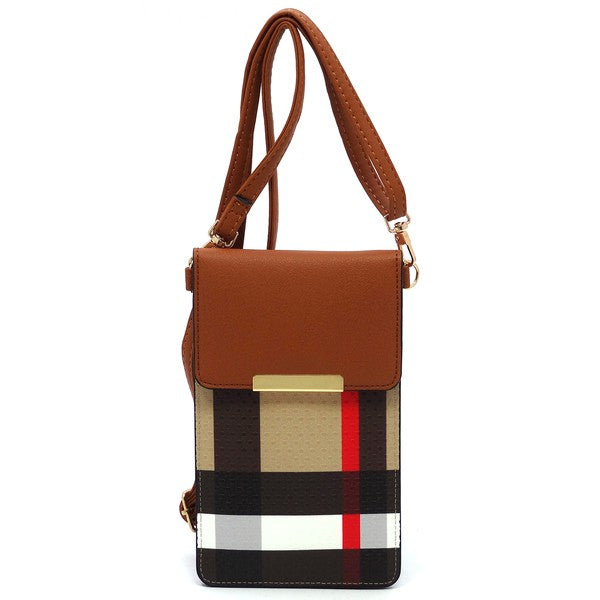 Burnbury Plaid Crossbody Bag by Babe Beachwaer with brown leather flap and plaid pattern body
