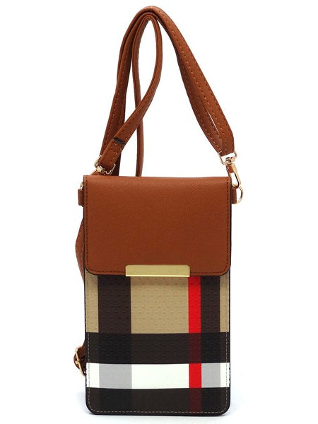 Burnbury Plaid Crossbody Bag by Babe Beachwaer with brown leather flap and plaid pattern body