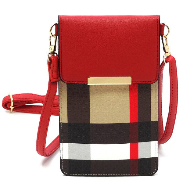 Babe Beachwaer Burnbury Plaid Crossbody Bag with red flap and adjustable strap
