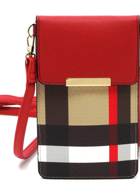 Babe Beachwaer Burnbury Plaid Crossbody Bag with red flap and adjustable strap
