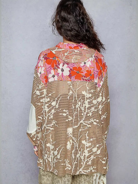 Vibrant patchwork floral cotton shirt with lace pattern for a stylish blouse look