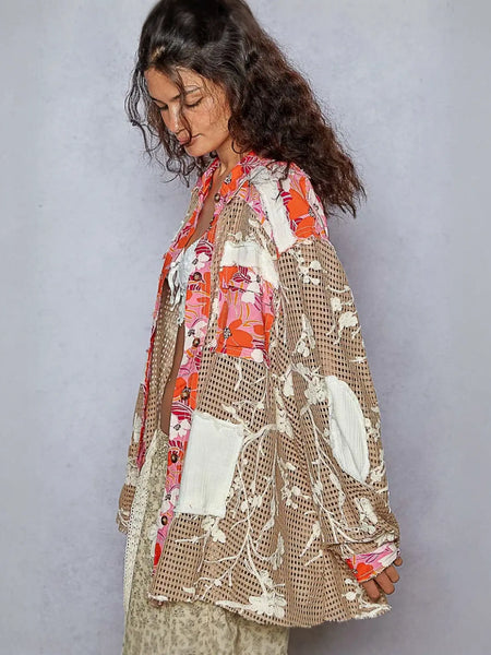 Colorful patchwork floral and lace cotton shirt perfect as a stylish blouse