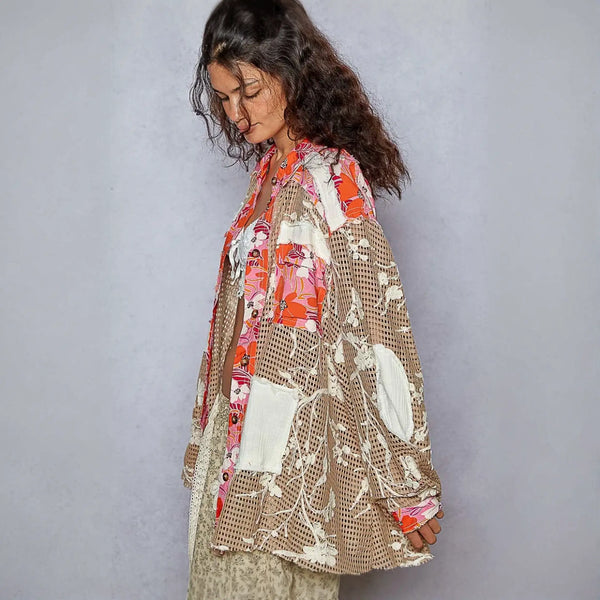 Colorful patchwork floral and lace cotton shirt perfect as a stylish blouse
