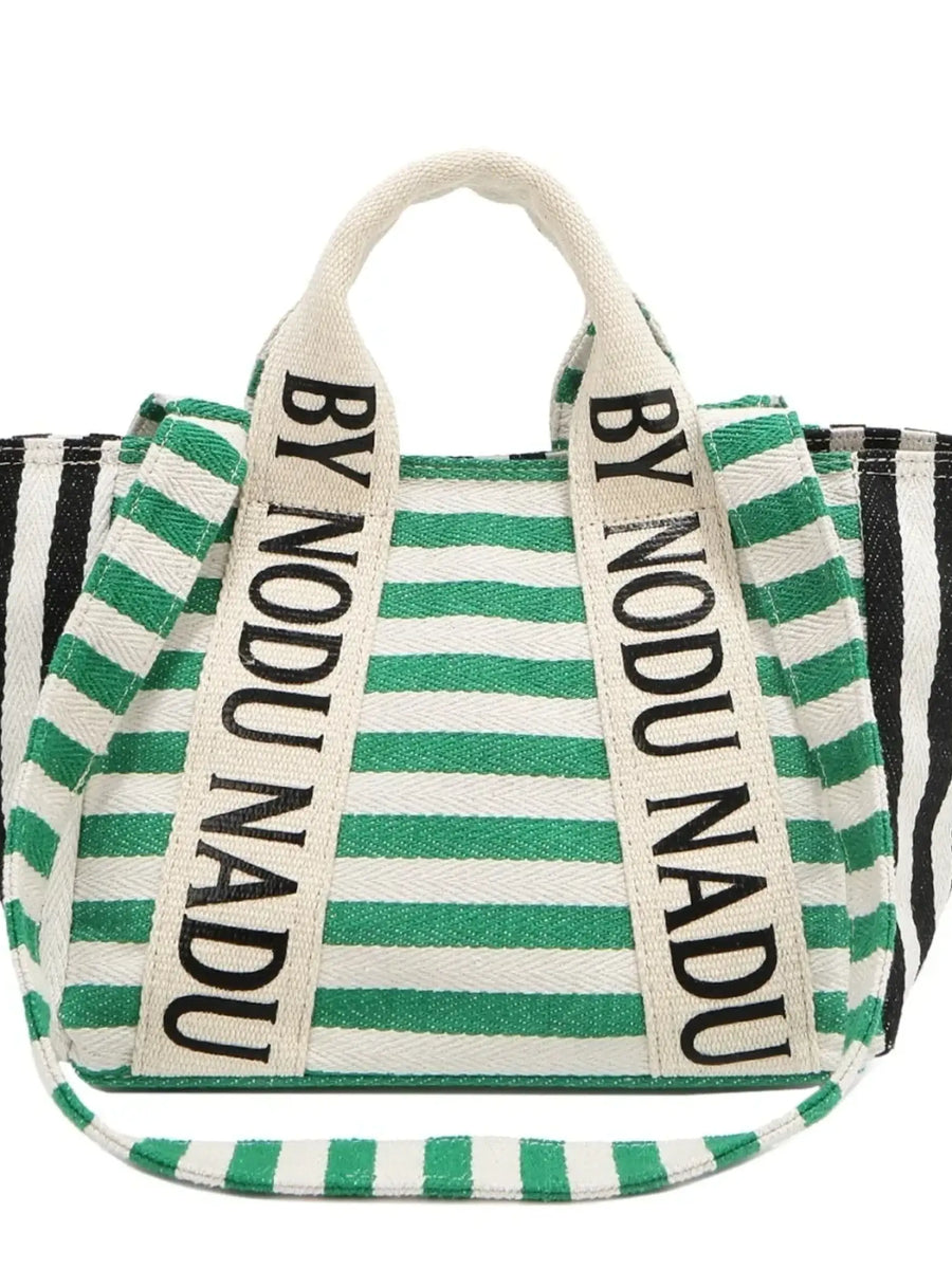 Chic summer tote for women by Babe Beachwaer with green and black striped pattern and branded handles