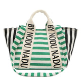 Chic summer tote for women by Babe Beachwaer with green and black striped pattern and branded handles