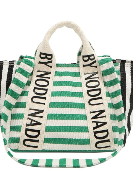 Chic summer tote for women by Babe Beachwaer with green and black striped pattern and branded handles