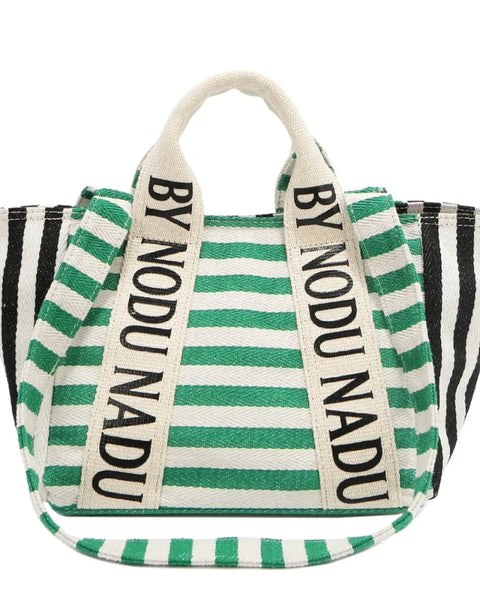 Chic summer tote for women by Babe Beachwaer with green and black striped pattern and branded handles