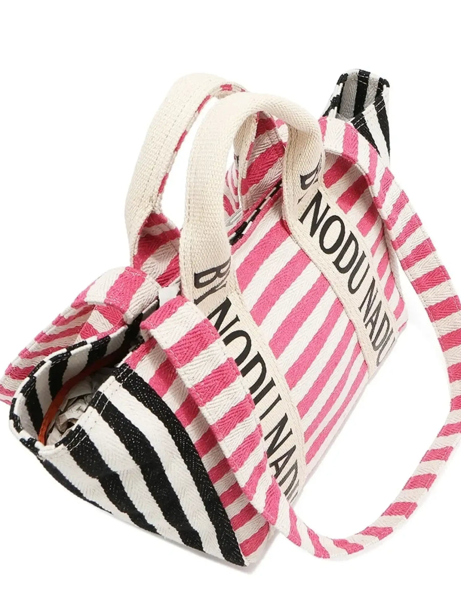 Babe Beachwear chic summer tote for women with pink and black striped pattern and white handles